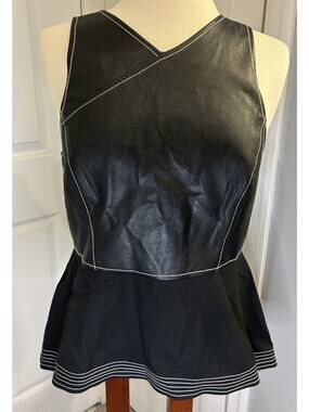 BCBGMAXAZRIA Luella Faux Leather Peplum Top Black Contrast Stitch Medium